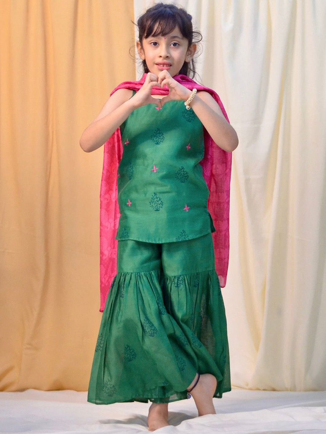 

Miko Lolo Girls Printed Kurta With Sharara & Dupatta, Green
