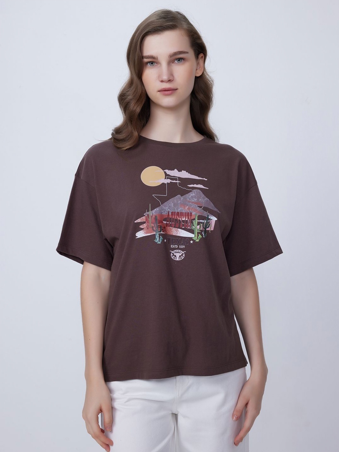 

COVER STORY Women Graphic Printed Round Neck Cotton T-shirt, Brown