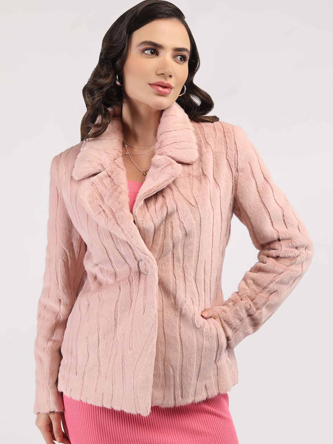 

LURE URBAN Women Notched Lapel Single-Breasted Overcoat, Pink