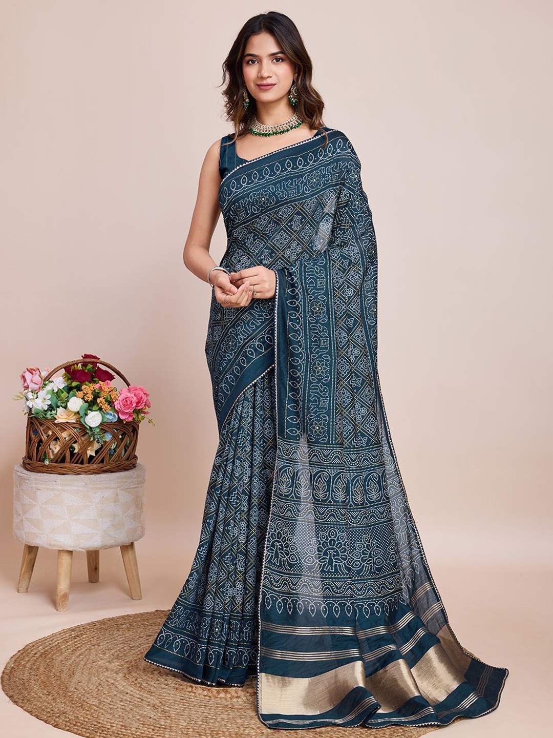 

bansari textiles Bandhani Zari Silk Cotton Bandhani Saree, Teal