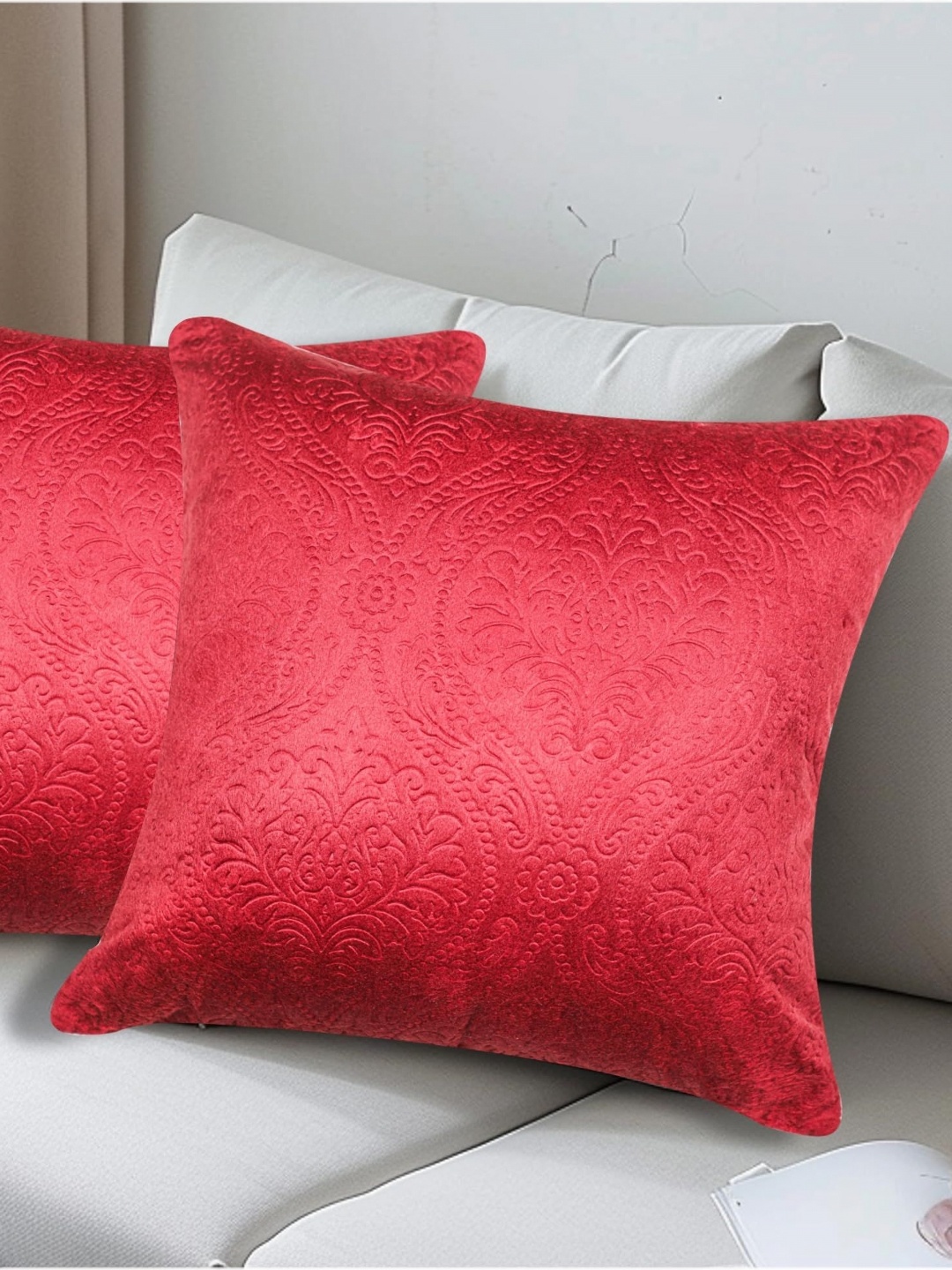 

Vendola Red 2 Pieces Ethnic Motifs Velvet Square Cushion Covers