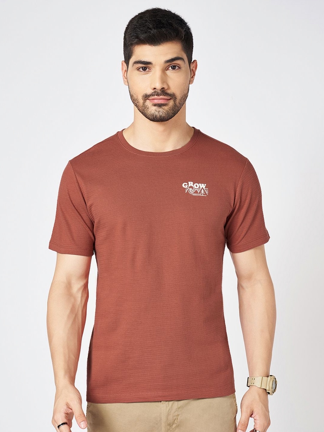 

Urban Ranger by pantaloons Men Solid Round Neck Cotton Slim Fit T-shirt, Khaki