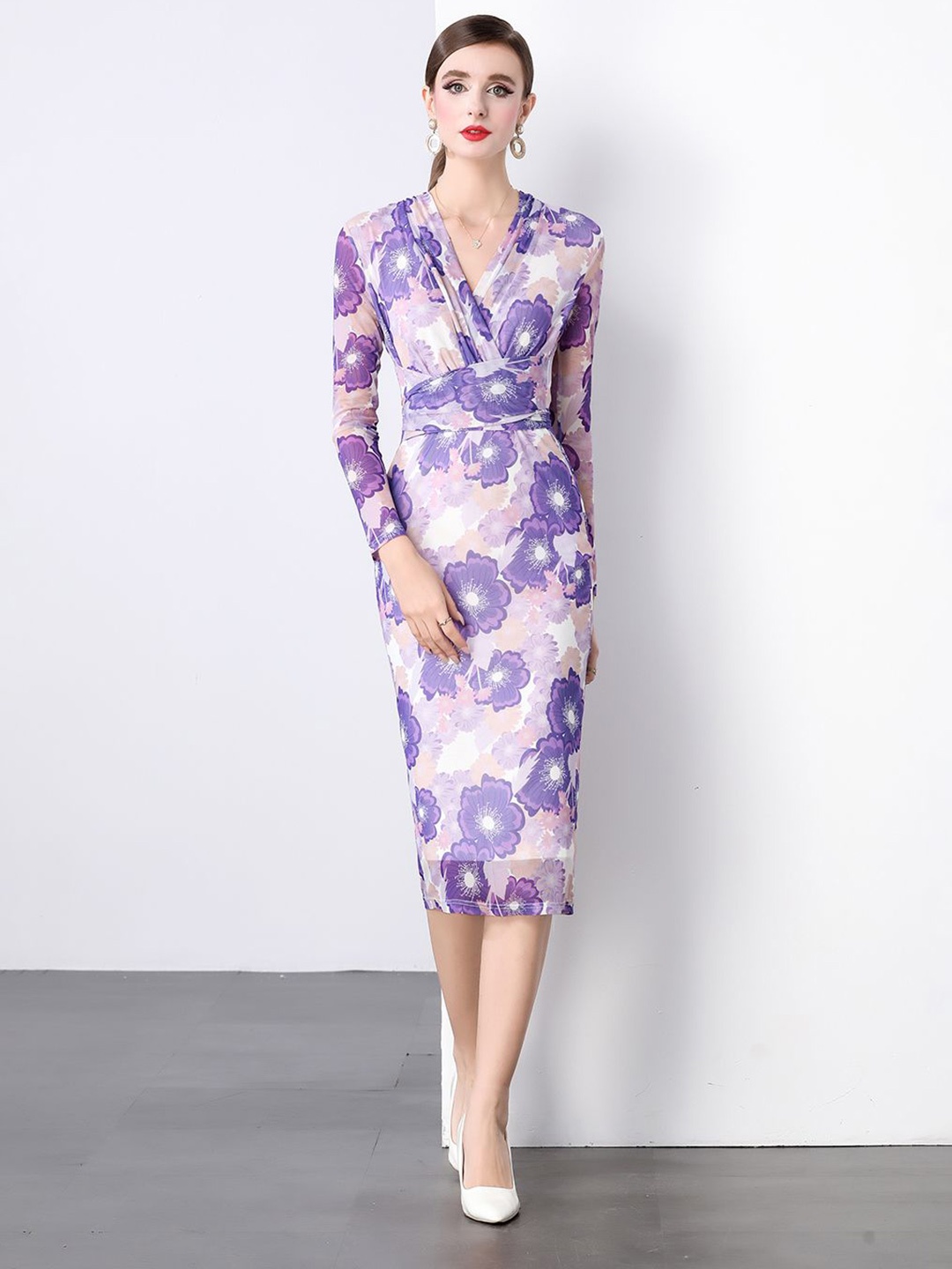 

JC Collection Women Floral Printed Wrap Bodycon Midi Dress, Purple