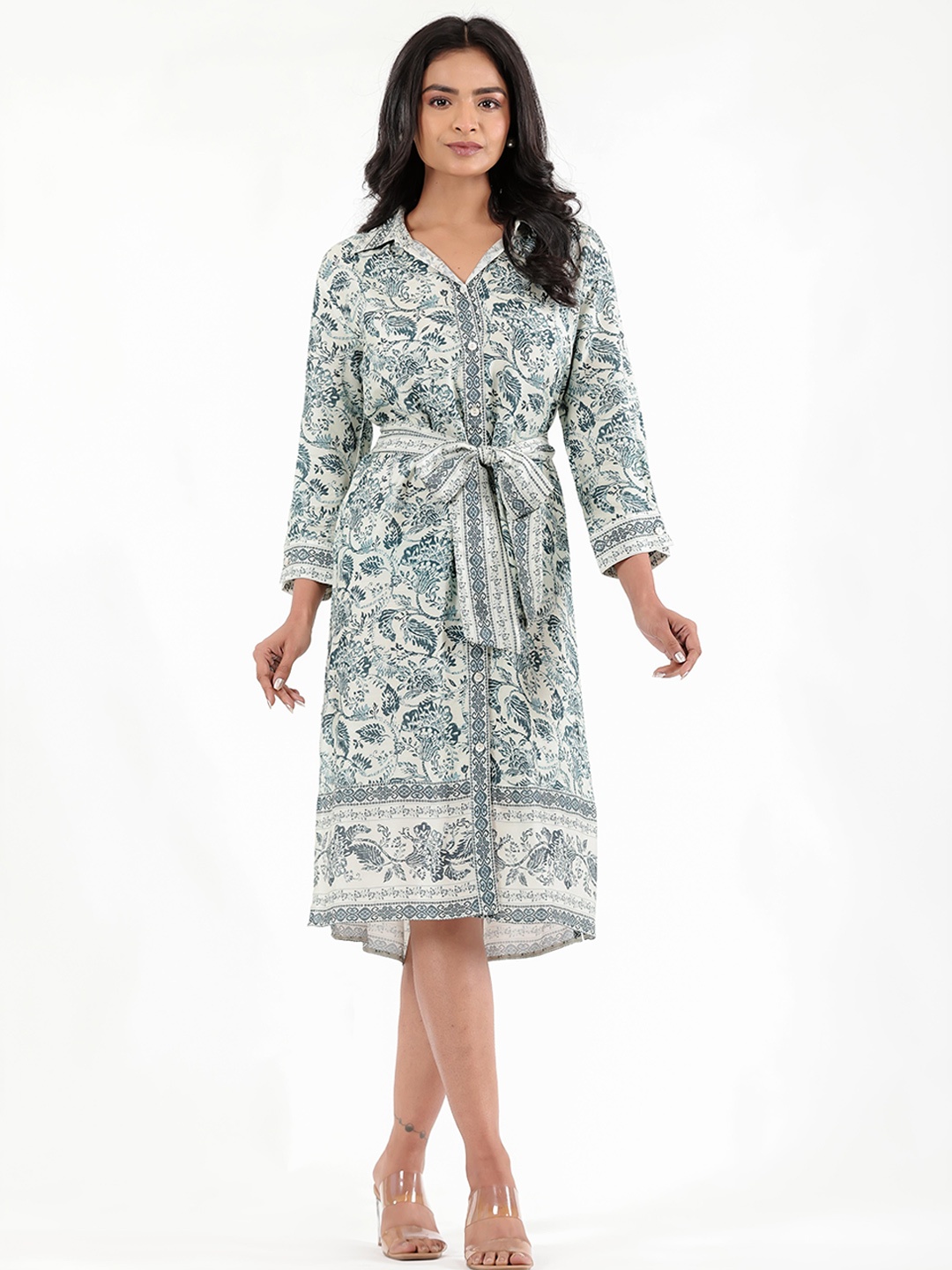 

WESTIFIED Floral Printed Cuffed Sleeves Shirt Dress, Blue
