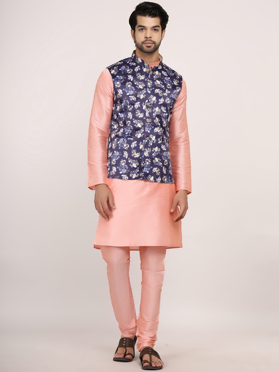 

Sadree Mandarin Collar Dupion Silk Straight Kurta with Churidar, Pink