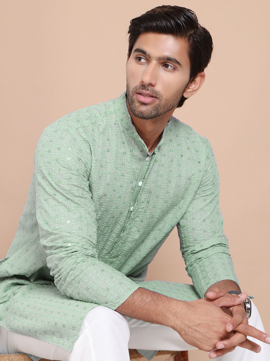 

Anouk Men Floral Embroidered Sequinned Kurta, Blue