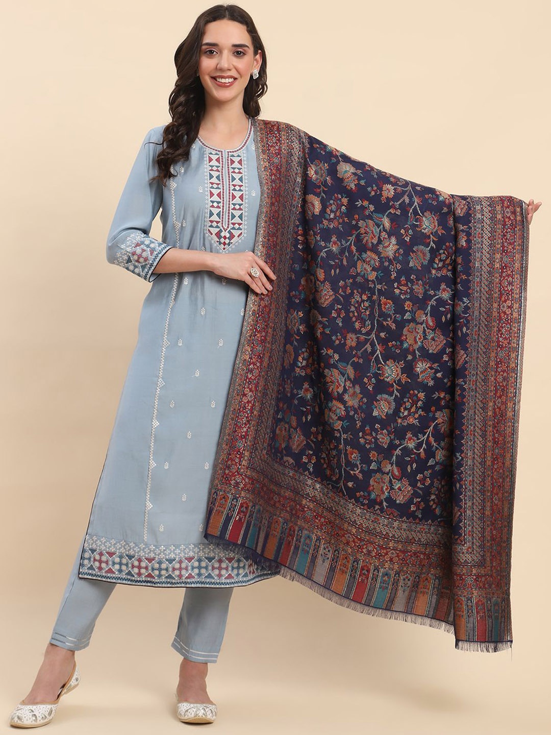 

La Vastraa Women Floral Woven Design Shawl, Navy blue