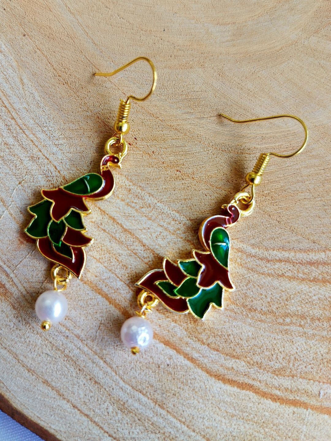 

Sangria Gold-Plated Meenakari Peacock Shaped Beaded Drop Earrings