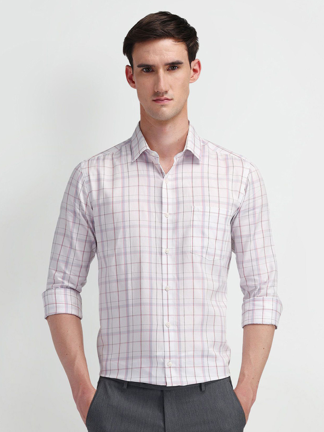 

Arrow Men Modern Slim Fit Opaque Checked Formal Shirt, Pink