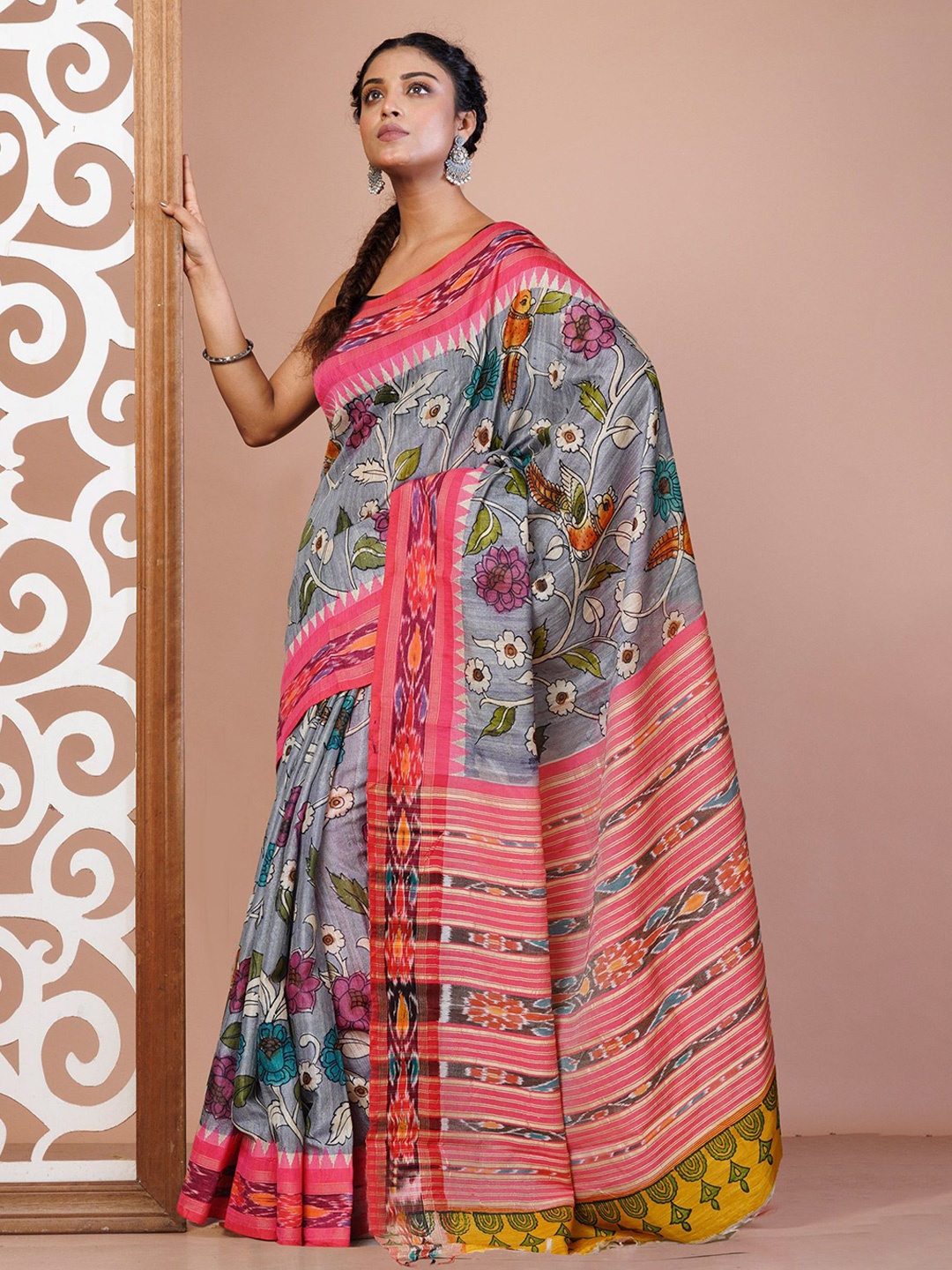 

Unnati Silks Ethnic Motifs Pure Silk Handloom Tussar Saree, Grey