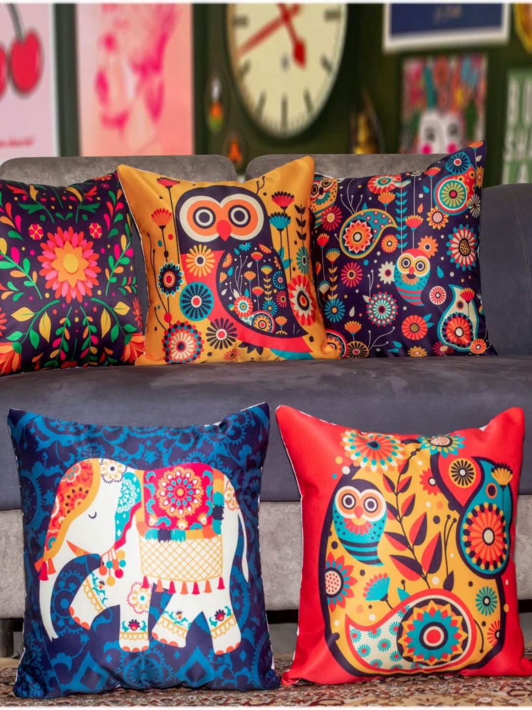 

Vendola Red & Blue 5 Pieces Floral Printed Satin Square Cushion Covers