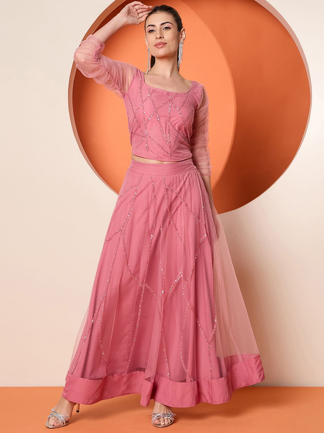 

Antheaa Embellished Top & Skirt, Pink