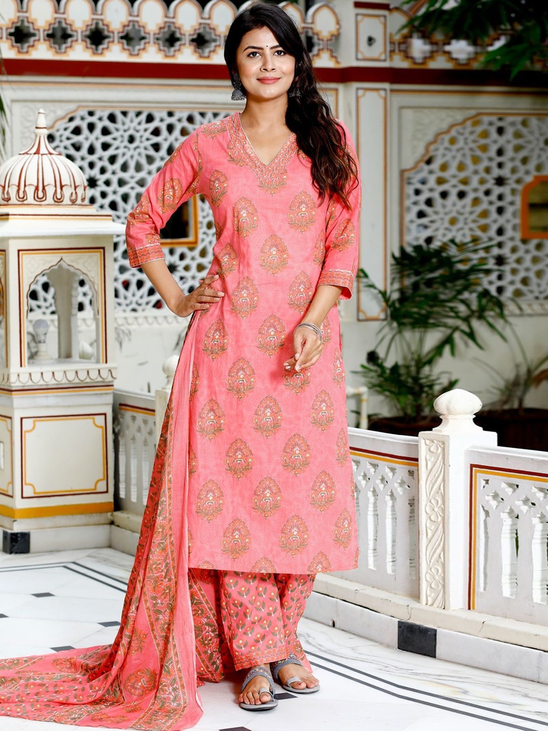 

KALINI Floral Printed V-Neck Thread Work Pure Cotton Kurta with Trousers & Dupatta, Peach