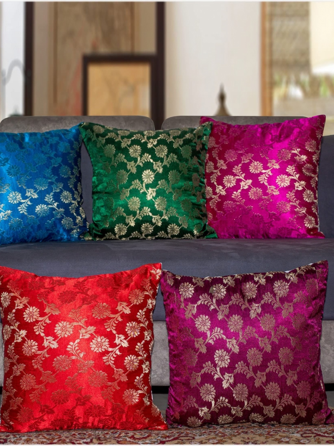 

Vendola Pink & Green 5 Pieces Floral Square Cushion Covers