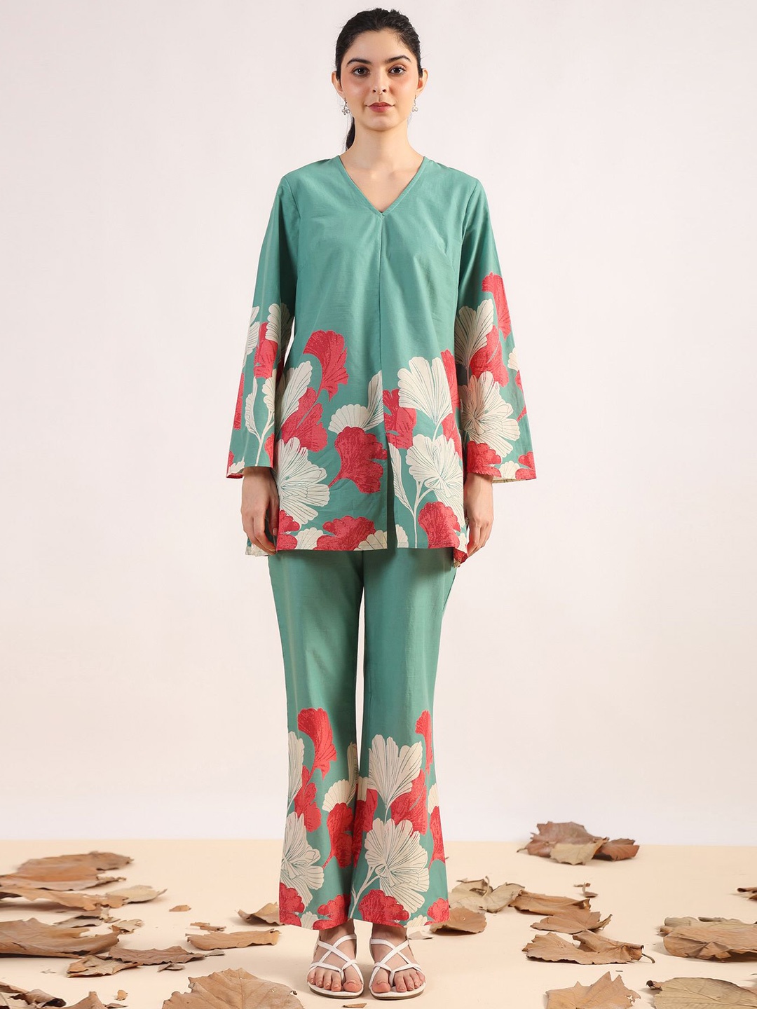 

JISORA Floral Printed Pure Cotton Tunic With Palazzo, Green