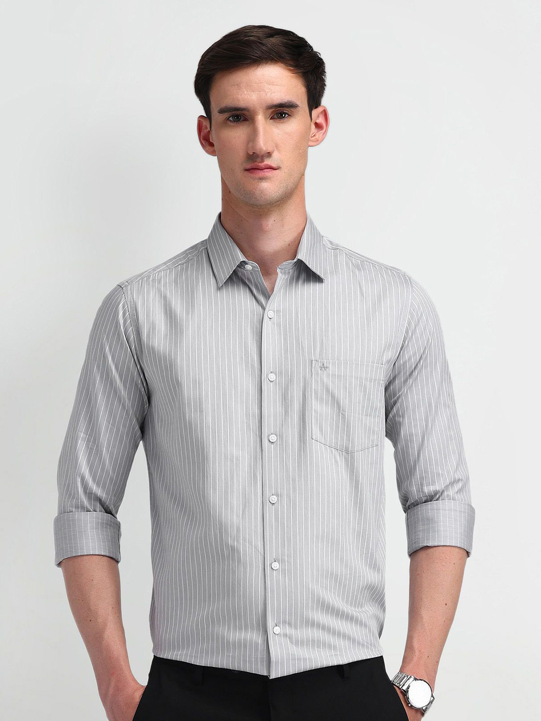 

Arrow Men Modern Slim Fit Pinstripes Opaque Striped Formal Shirt, Grey
