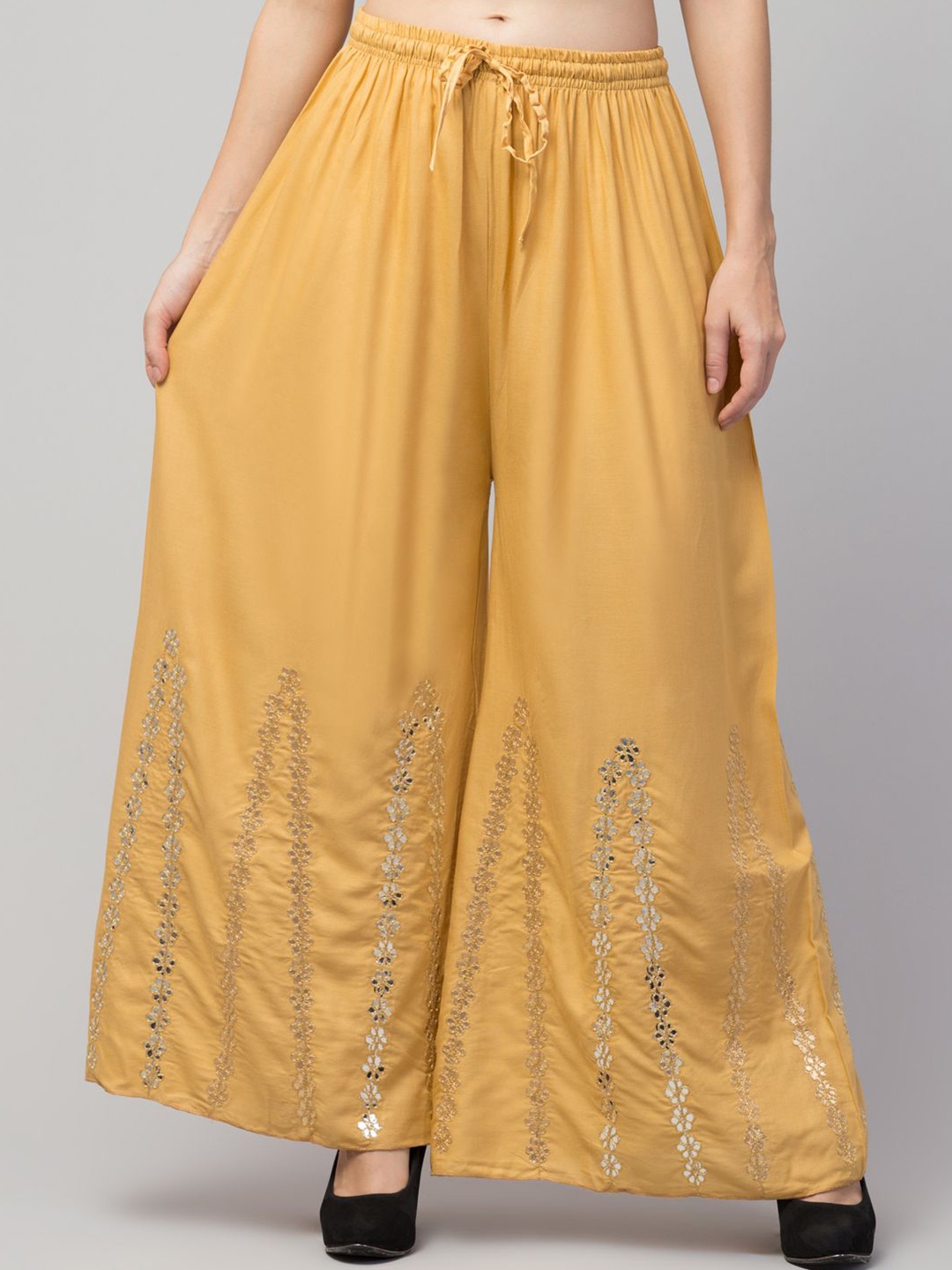 

FAMBEE Women Ethnic Motifs Embroidered Flared Ethnic Palazzos, Gold