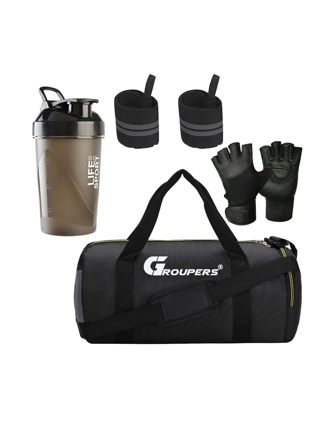 

GROUPERS Medium Foldable Sports Duffel Bag With Gloves Wrist Band & Shaker Bottle, Black