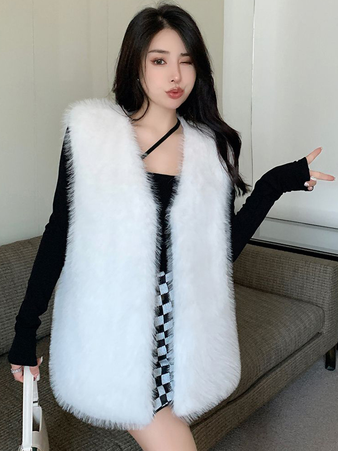 

JC Mode Open-Front Fur Coats, White