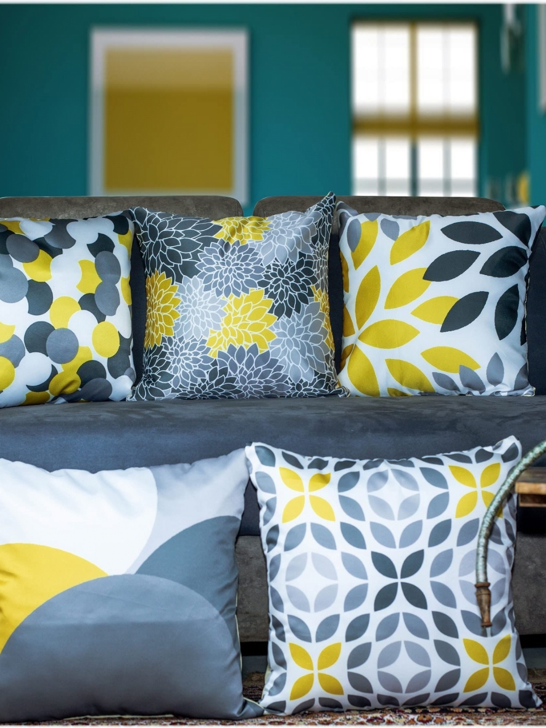 

Vendola Yellow & Grey 5 Pieces Floral Square Cushion Covers