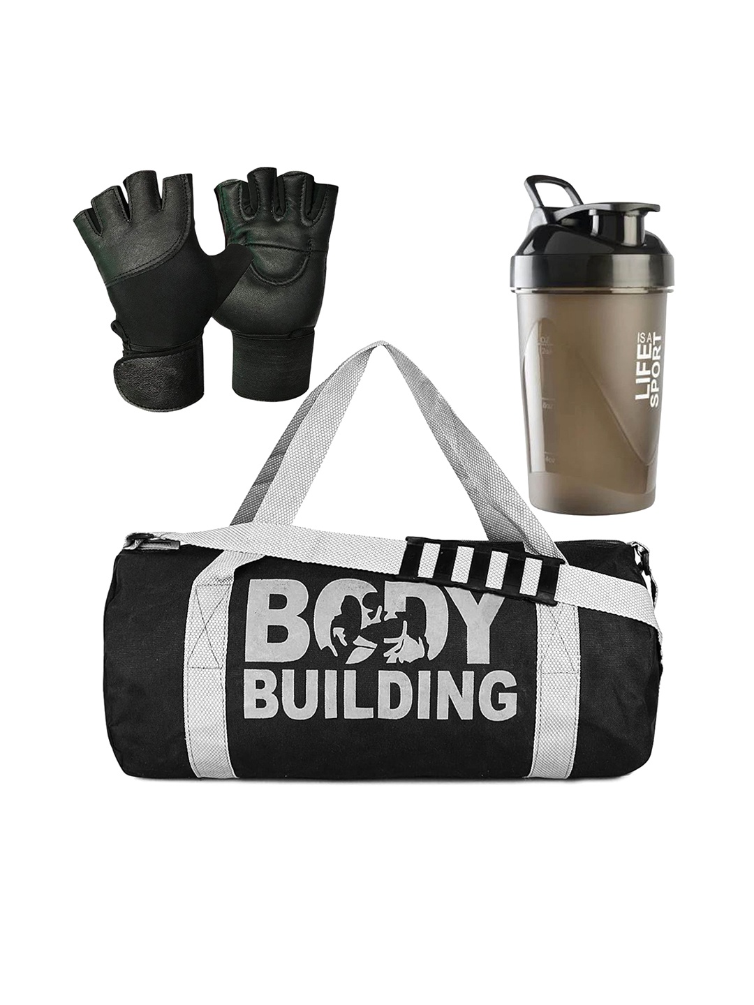 

GROUPERS Printed Medium Foldable Gym Duffel Bag with Shaker Bottle & Gloves, Black