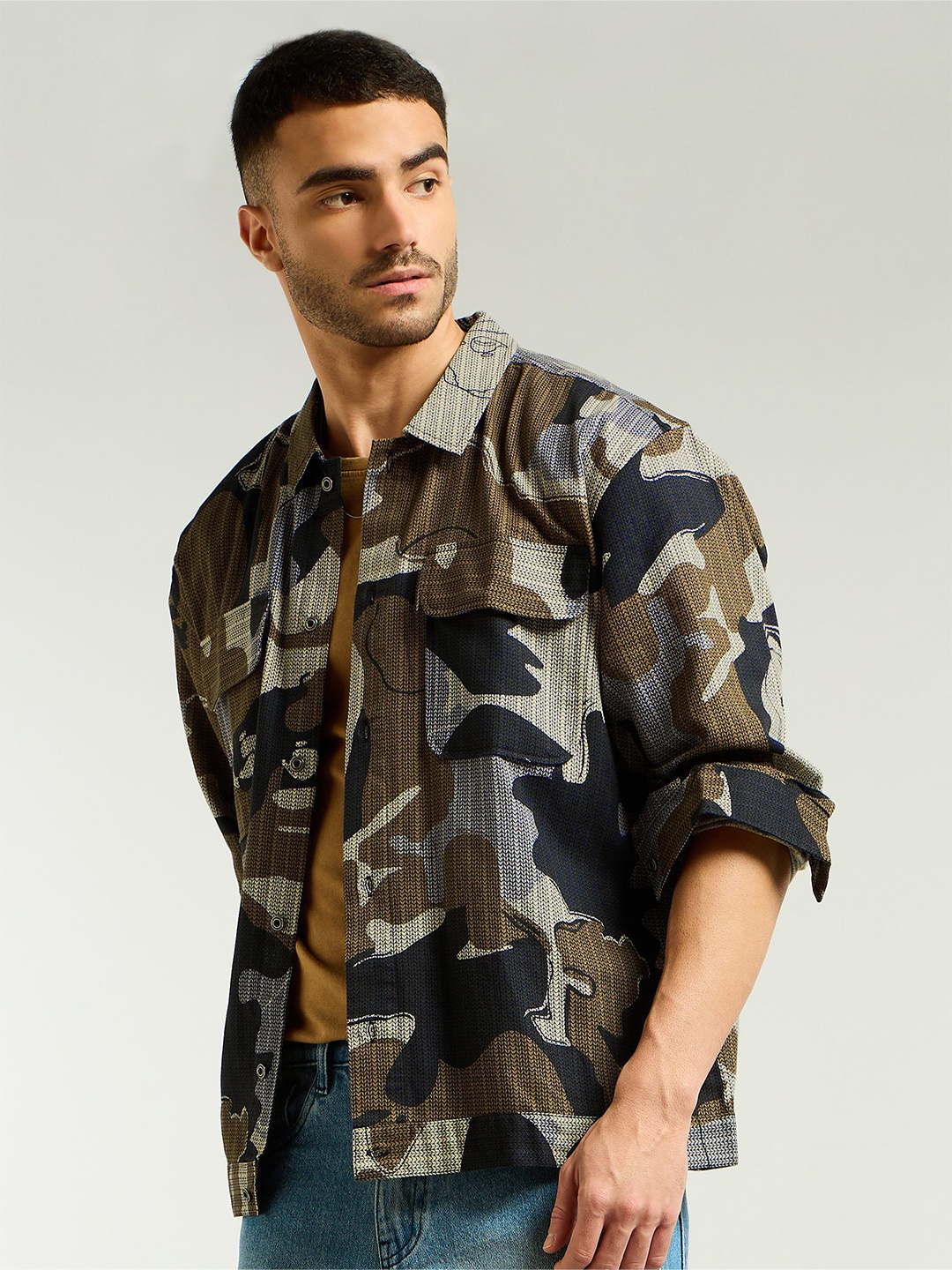 

Beyoung Camo Print Shacket, Brown