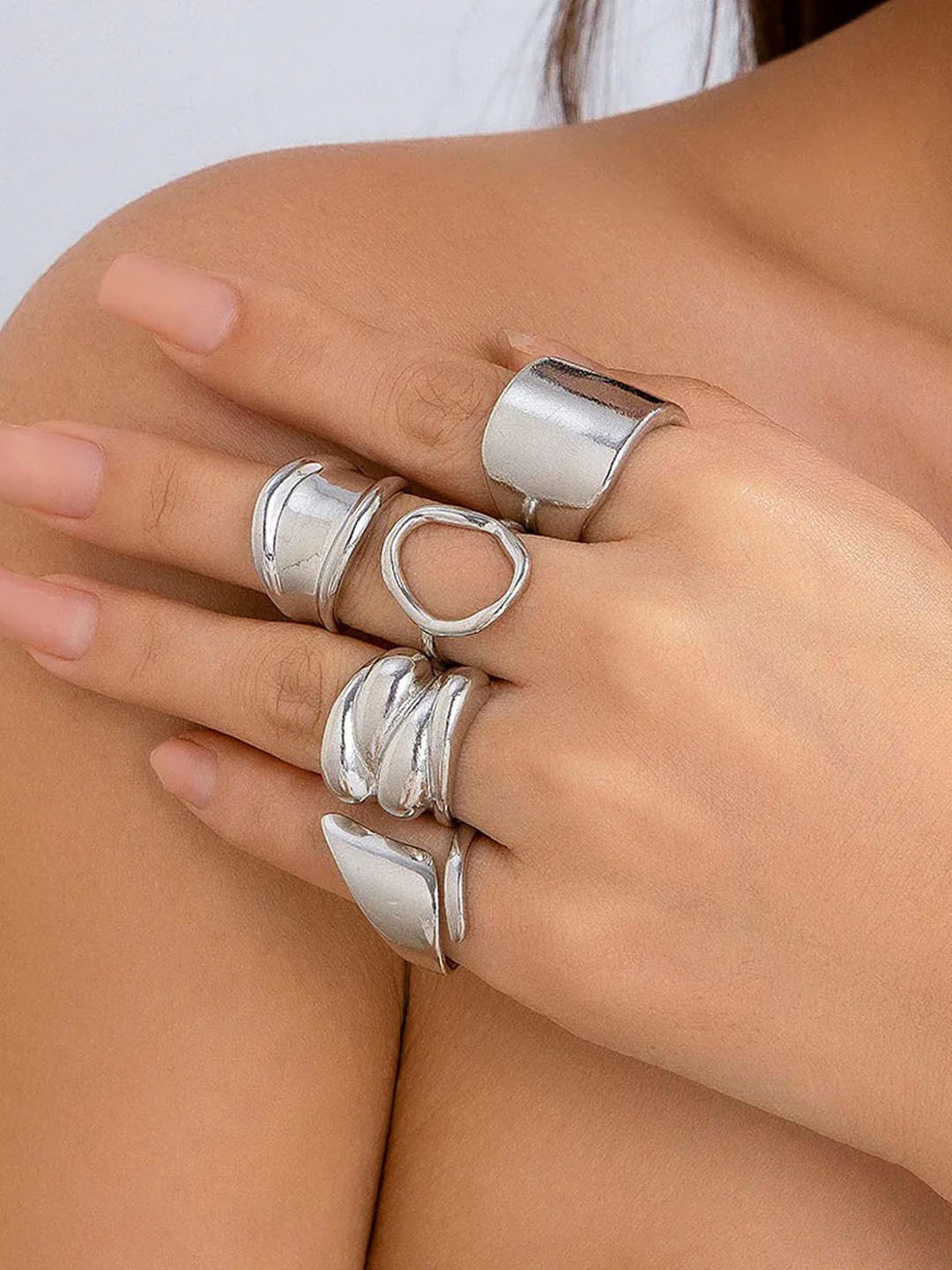 

Jewels Galaxy Set Of 5 Silver Plated Midi Adjustable Finger Rings