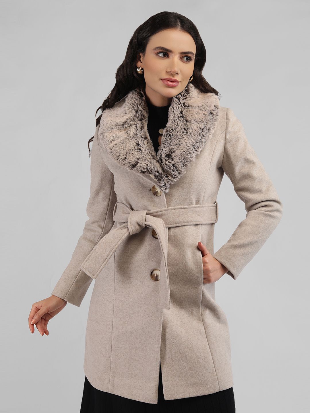 

LURE URBAN Women Shawl Collar Single-Breasted Wollen Overcoat, Off white