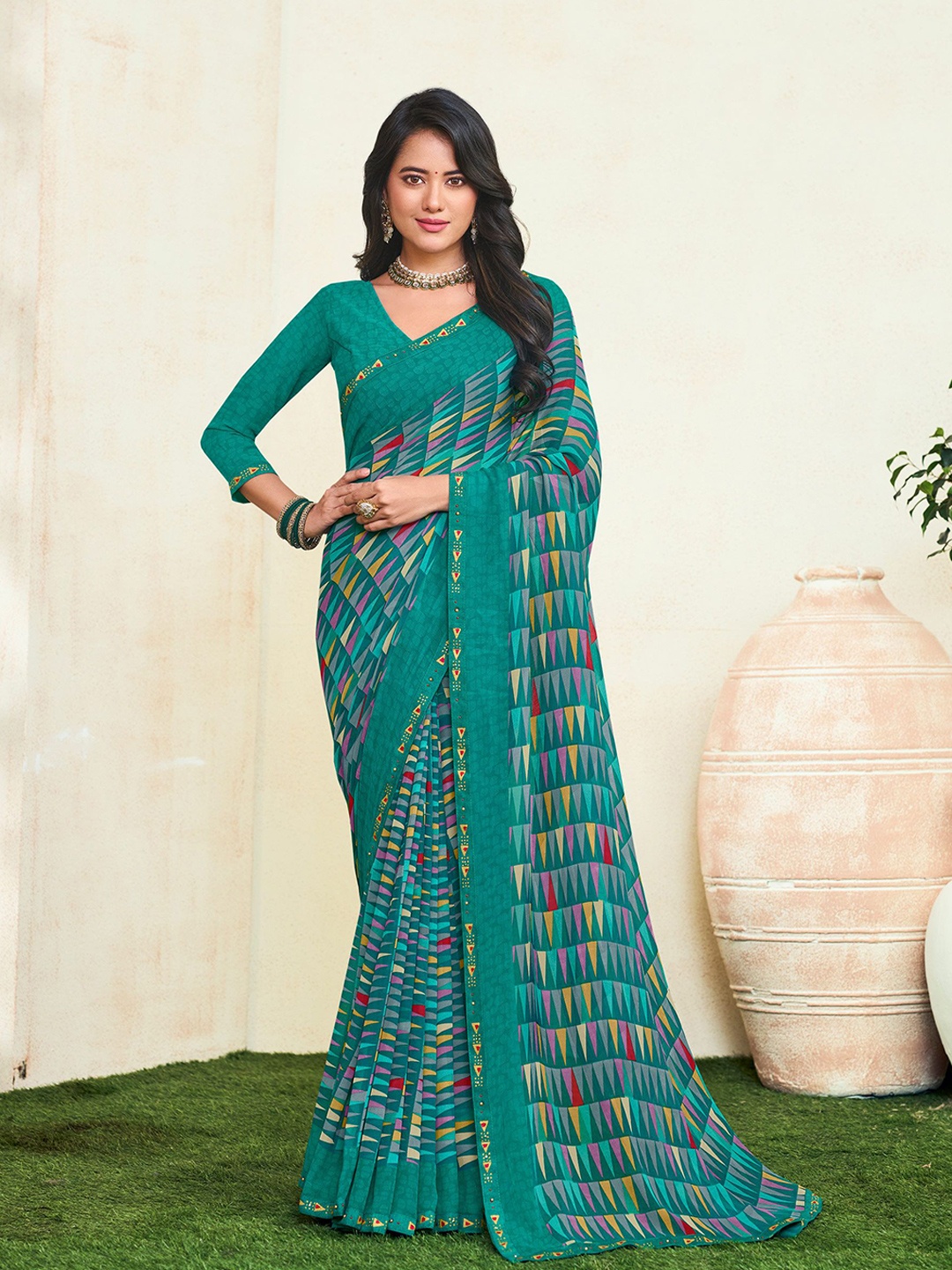 

Laxmipati Embroidered Poly Georgette Saree, Teal