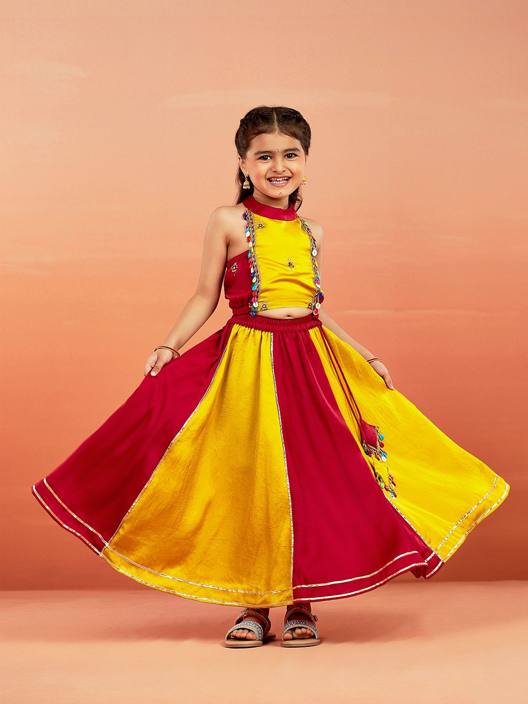 

VASTRAMAY Girls Embroidered Ready to Wear Lehenga &, Yellow