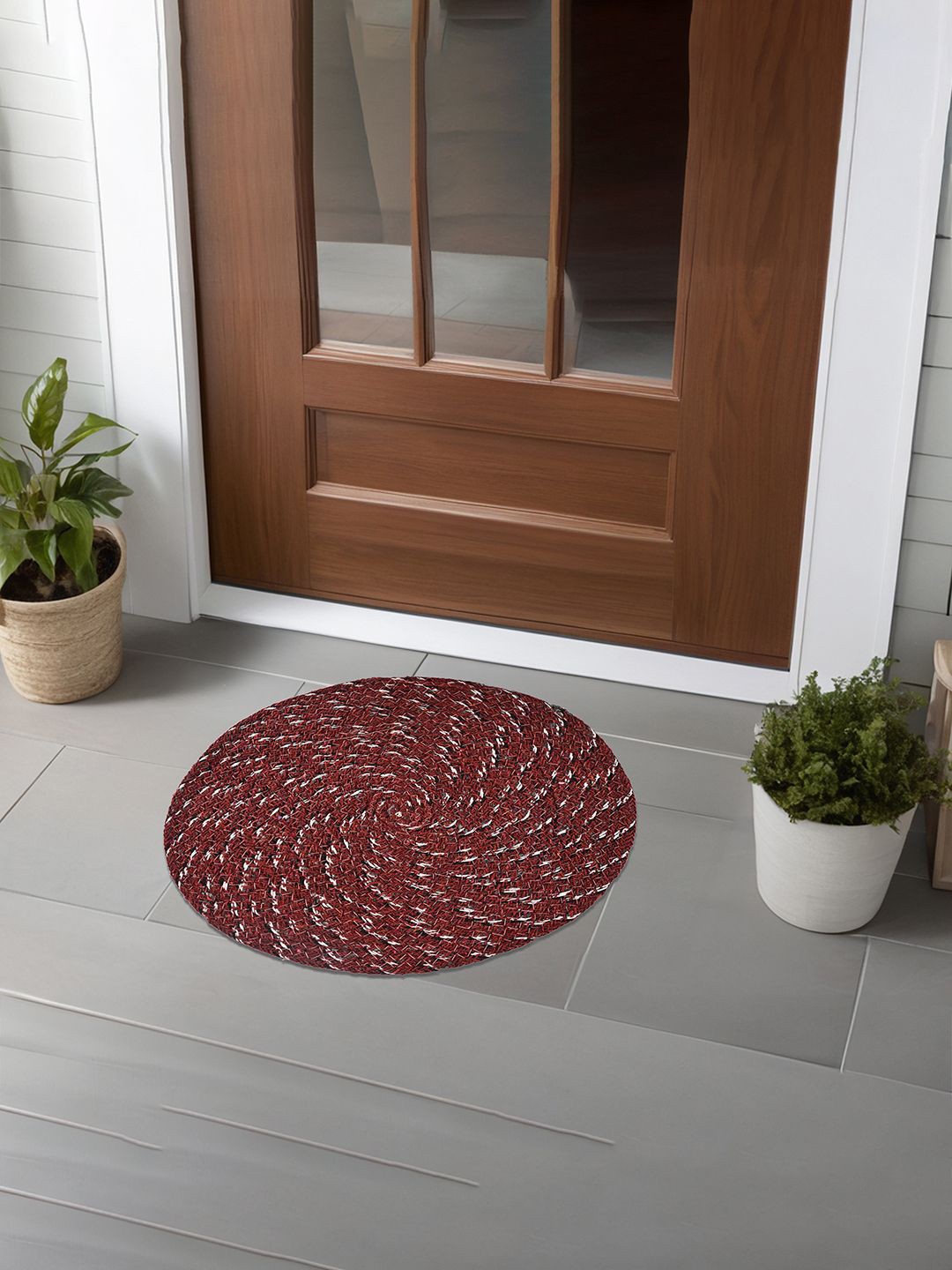 

Kuber Industries Maroon & White 6 Pieces Textured Anti-Slip Cotton Doormats