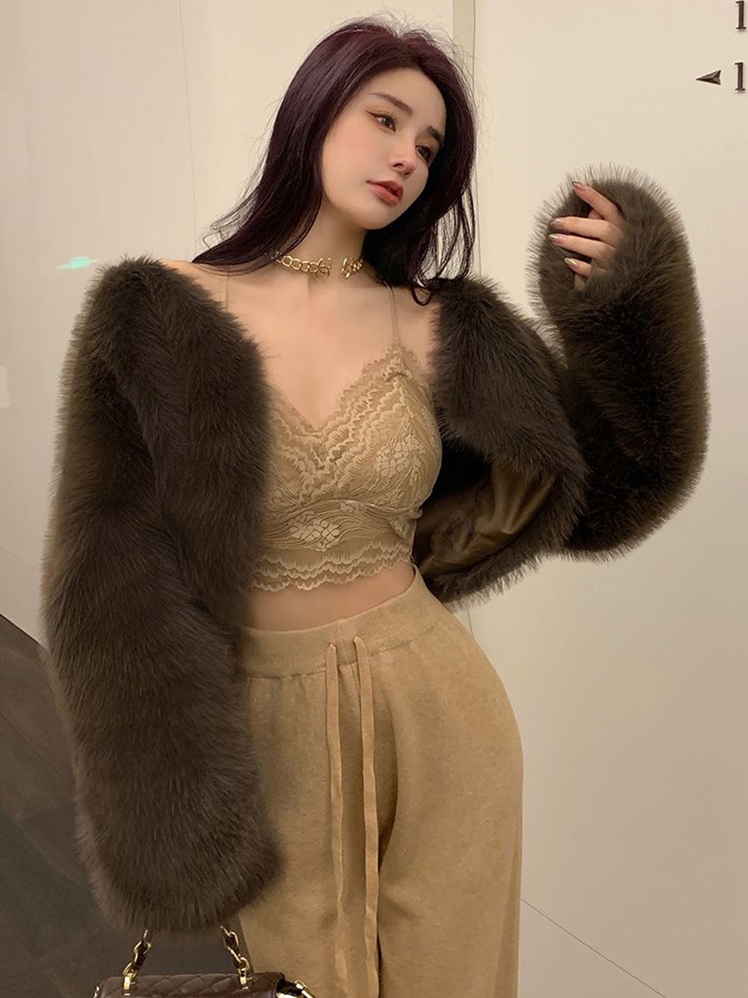 

JC Mode Long Sleeves Front Open Crop Over Coat, Coffee brown