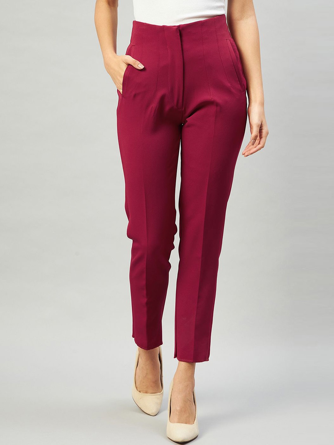 

DELAN Women Solid Slim Fit High-Rise Easy Wash Cigarette Trouser, Maroon