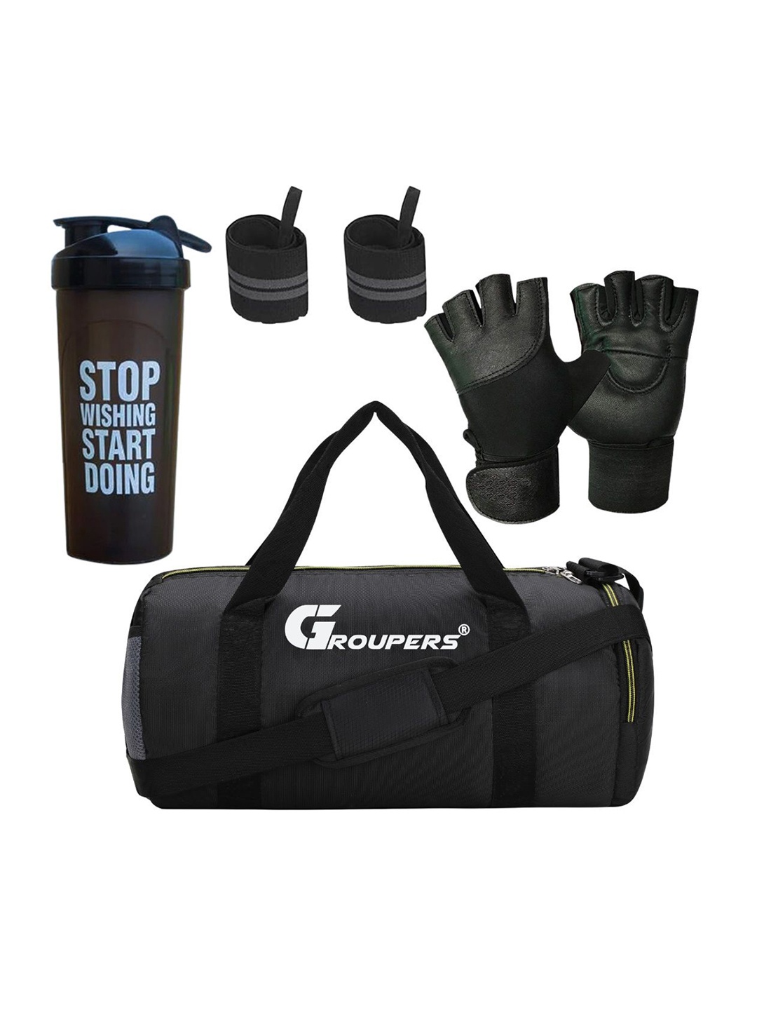 

GROUPERS Printed Medium Foldable Sports Duffel Bag With Gloves Wrist Band & Shaker Bottle, Black