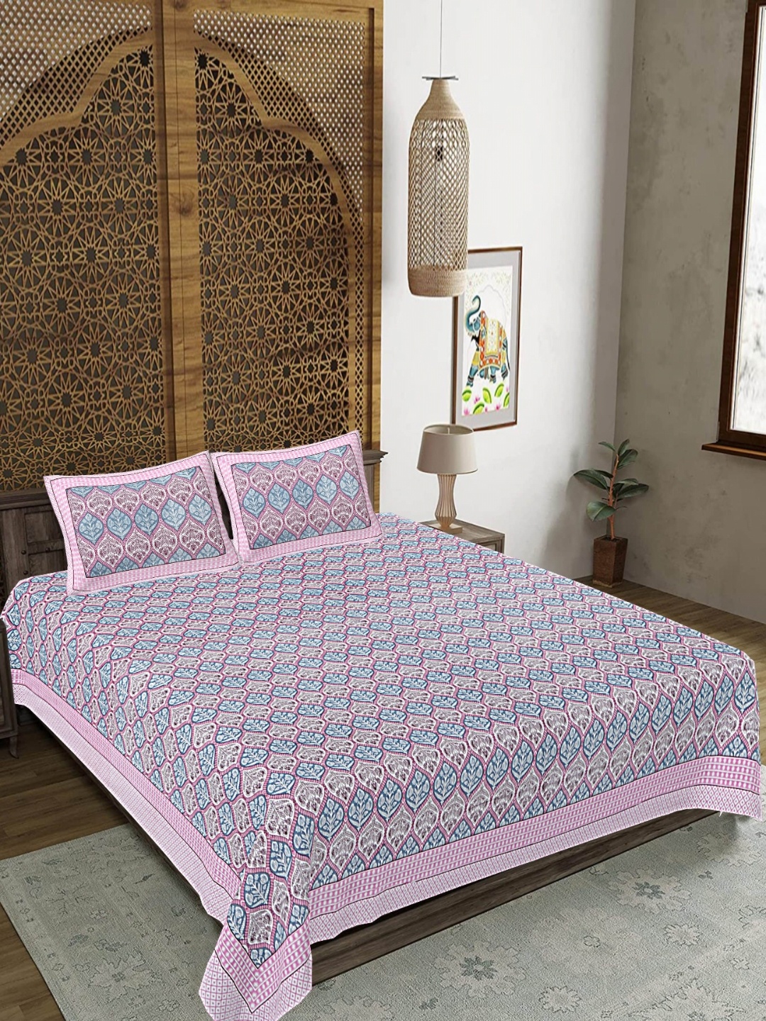 

FrionKandy Living Pink & Blue Ethnic Motifs 180 TC King Bedsheet With 2 Pillow Covers