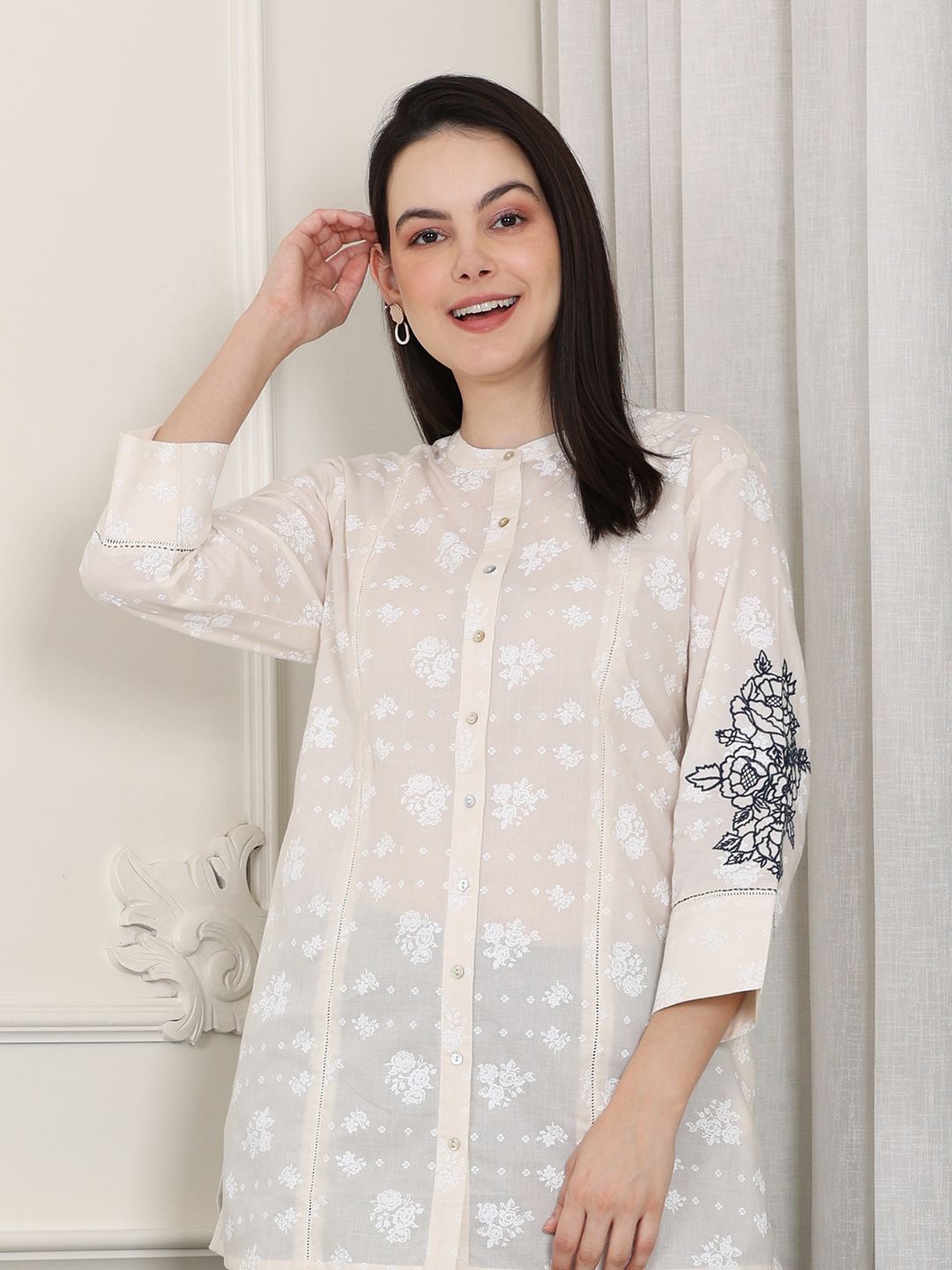 

W Floral Print Cotton Shirt Style Top, White