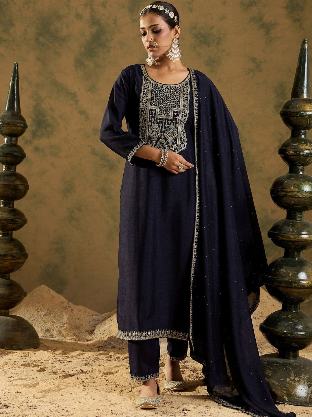

Indo Era Women Floral Embroidered Regular Sequinned Kurta with Trousers & With Dupatta, Navy blue