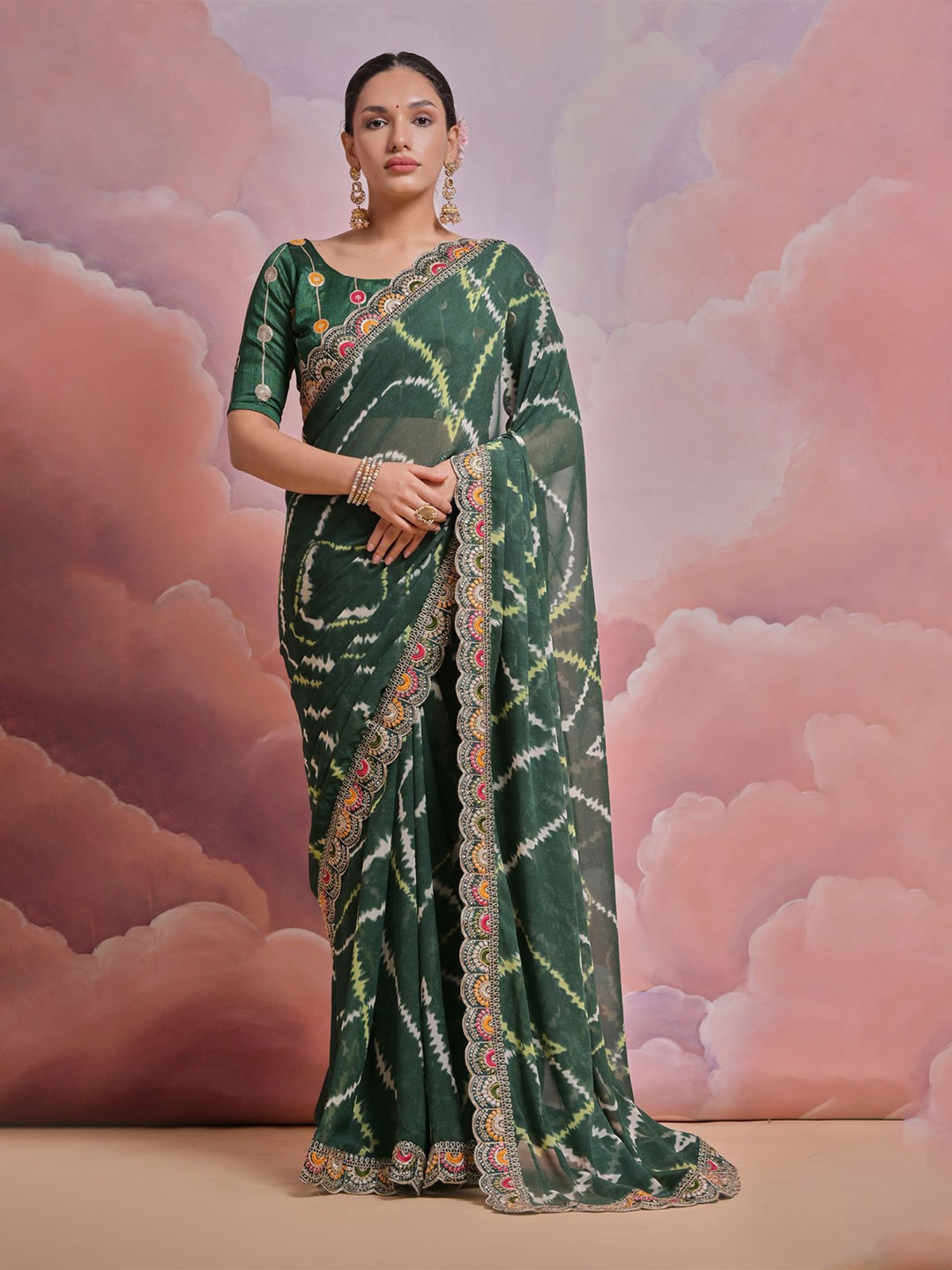 

Mitera Tie and Dye Sequinned Embroidered Saree, Green