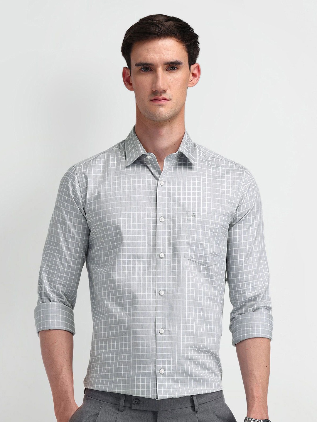 

Arrow Men Modern Slim Fit Opaque Checked Formal Shirt, Grey