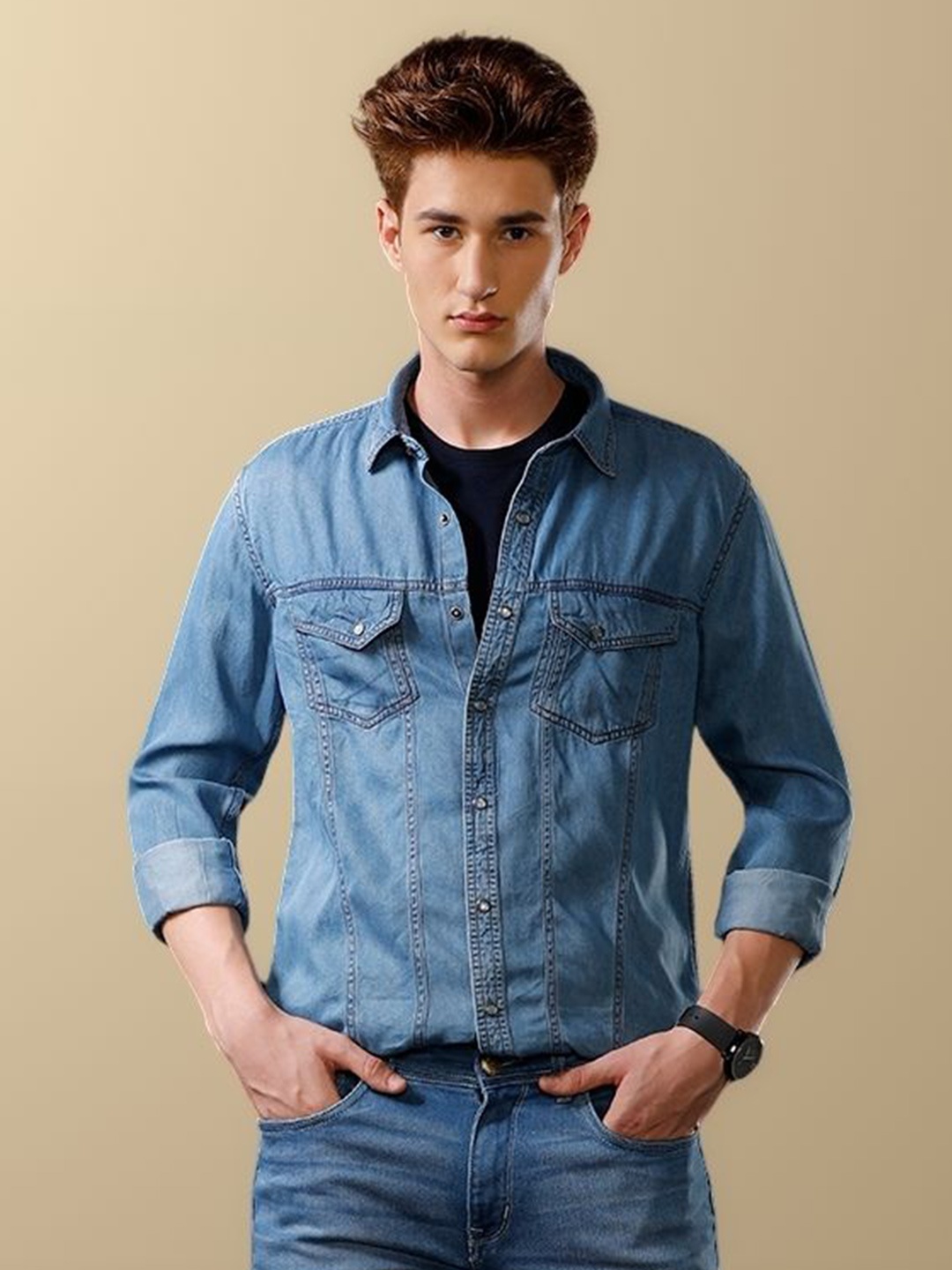 

TEMPLE OF DENIM Men India Slim Spread Collar Solid Denim Casual Shirt, Blue
