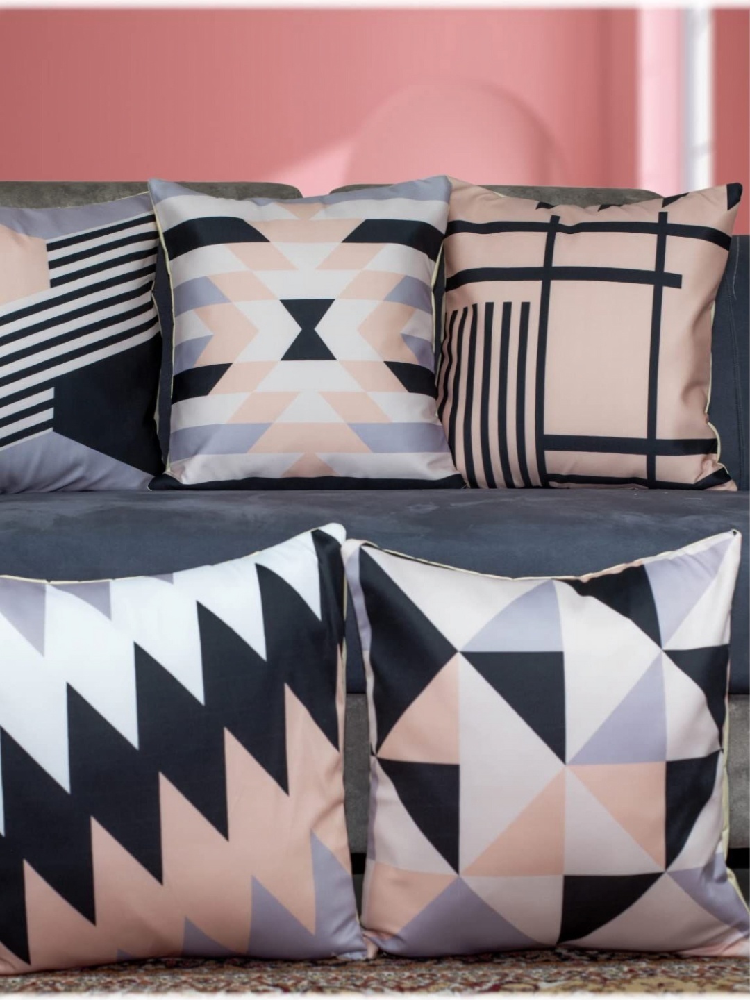 

Vendola White & Pink 5 Pieces Geometric Satin Square Cushion Covers