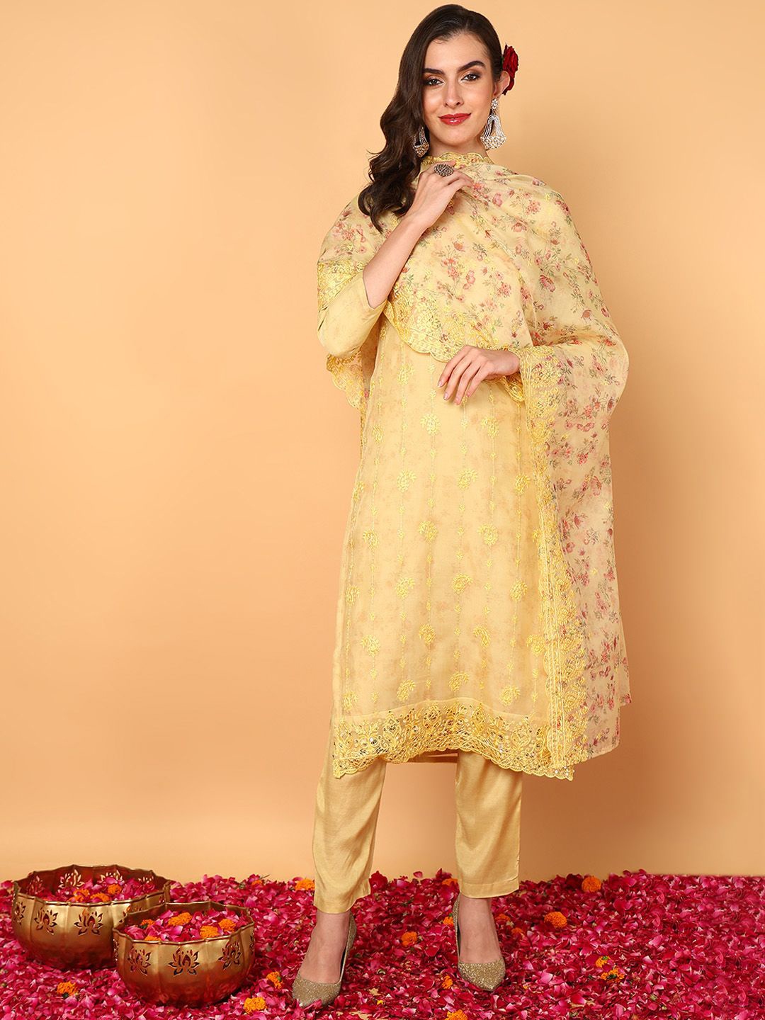 

AHIKA Women Floral Embroidered Regular Sequinned Kurta with Trousers & With Dupatta, Yellow