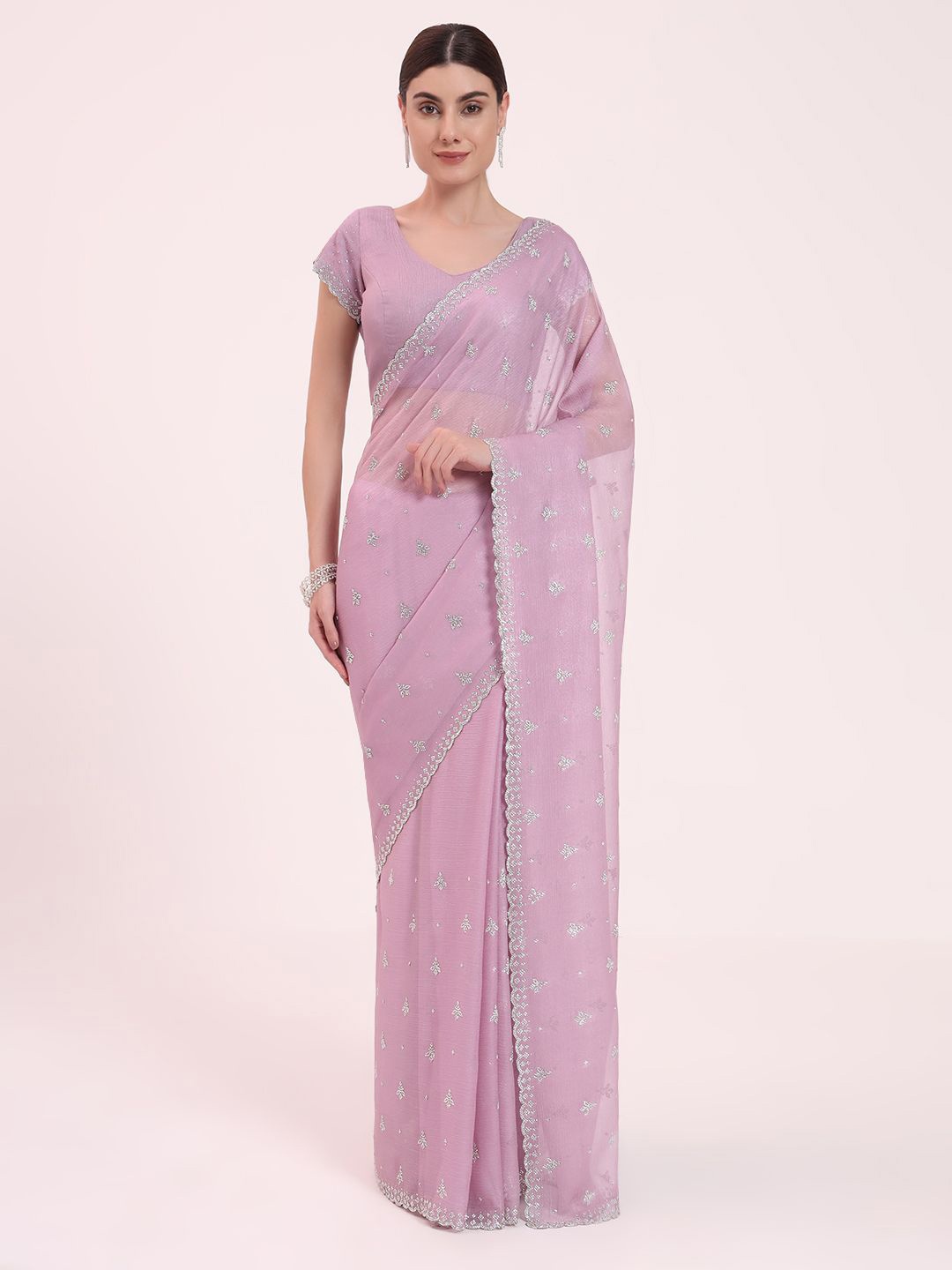 

FIORRA Ethnic Motifs Embroidered Organza Saree, Lavender