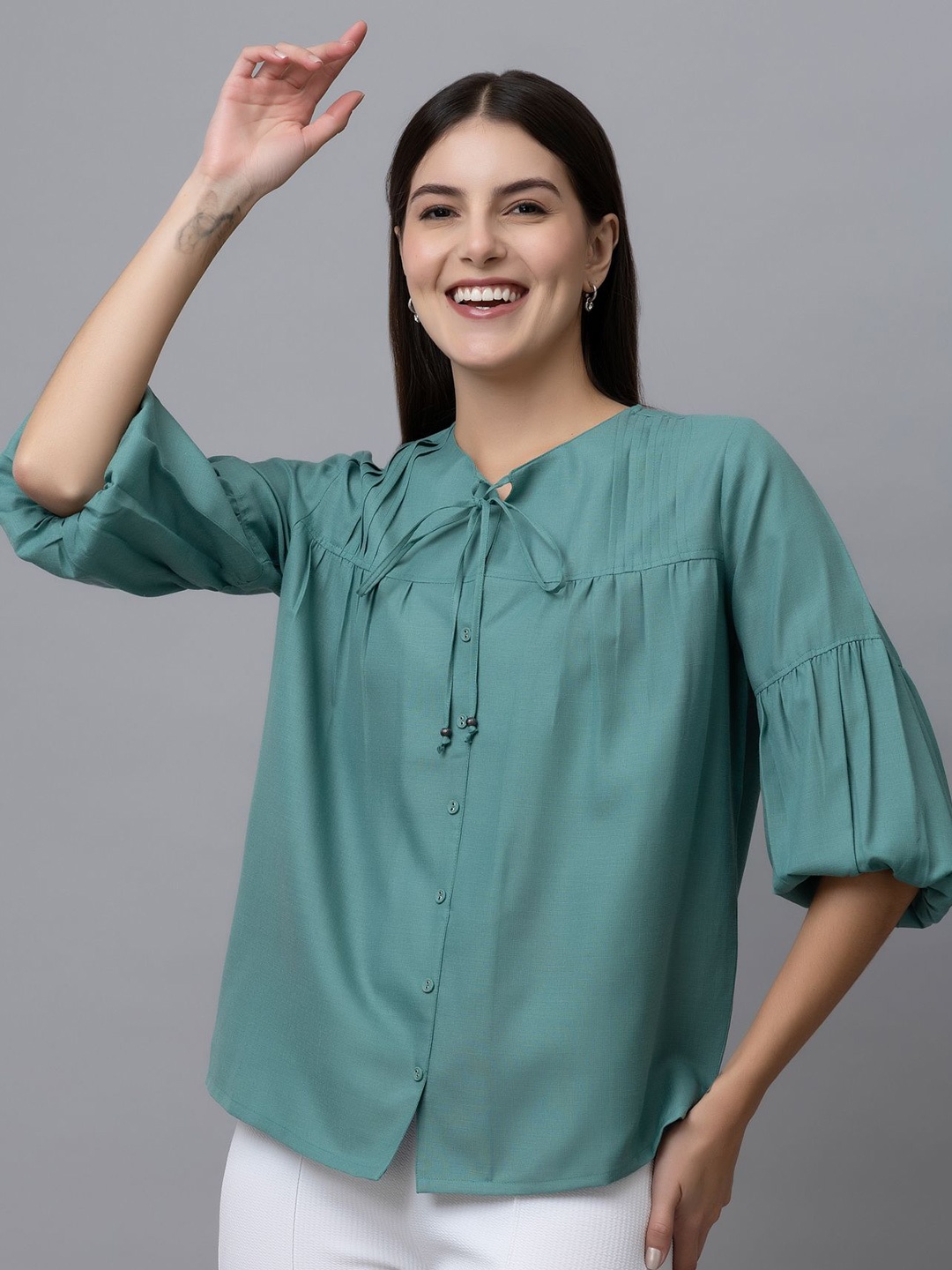 

PURYS WORKSPACE Tie-Up Neck Puff Sleeve Linen Top, Teal