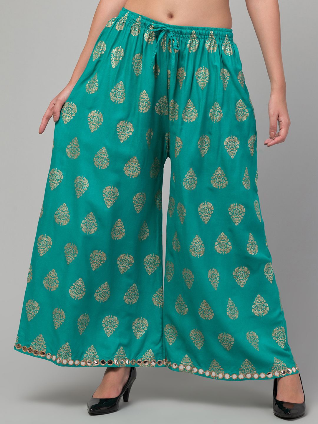 

FAMBEE Women Ethnic Motifs Printed Flared Knitted Palazzos, Teal