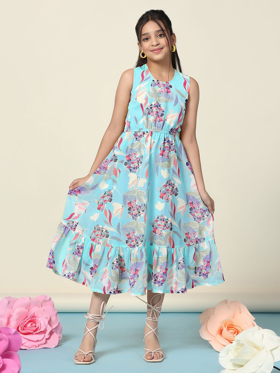 

BAESD Floral Print Georgette Fit & Flare Midi Dress, Sea green