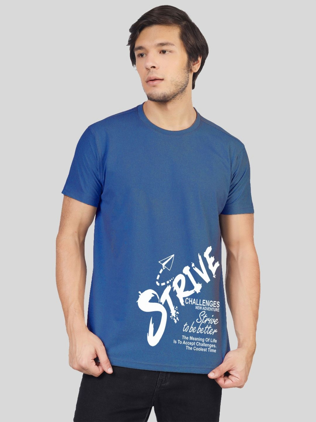 

Greylongg Men Typography Printed Round Neck Cotton T-shirt, Blue