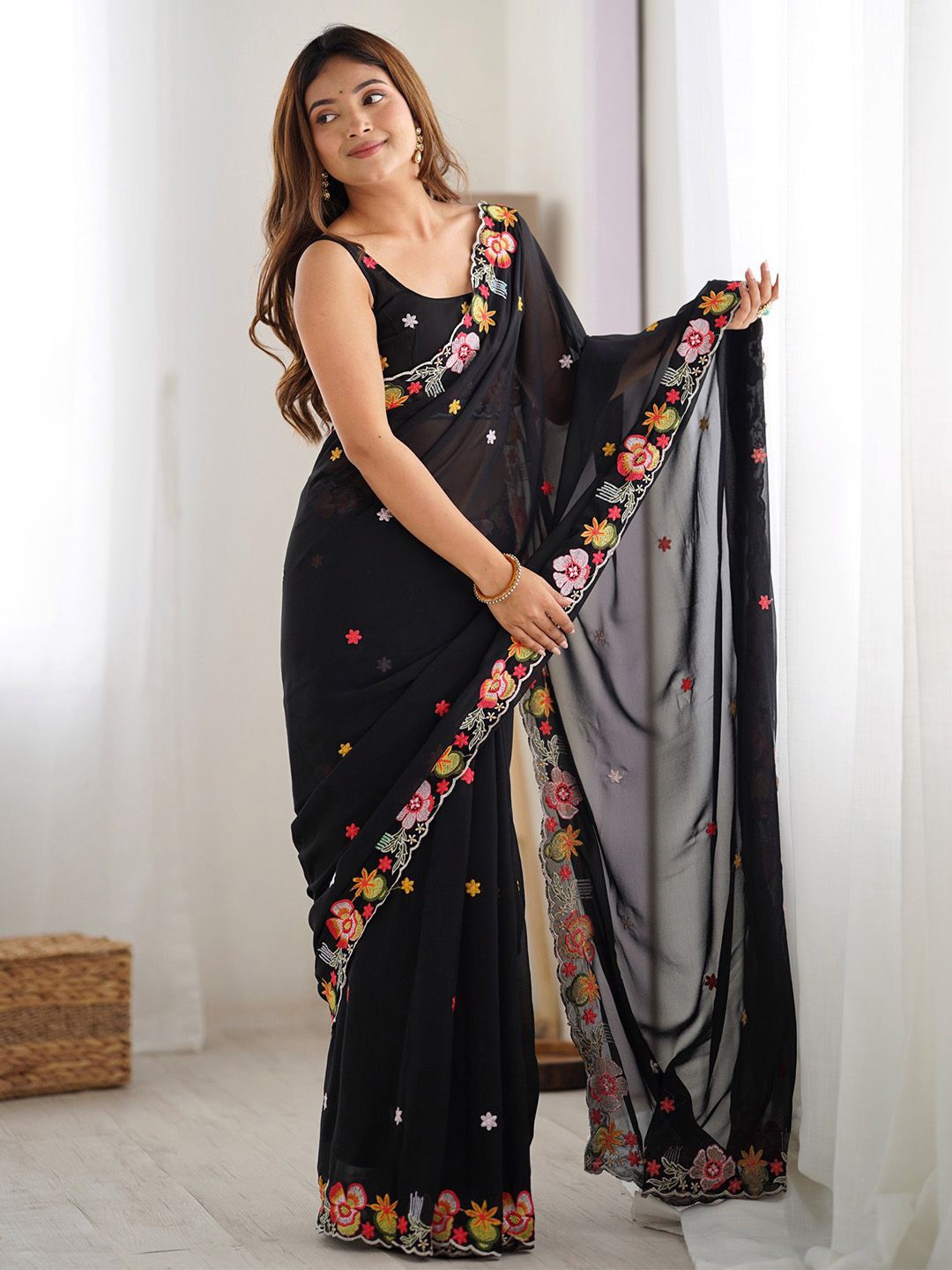 

Sangria Embroidered Saree With Blouse, Black