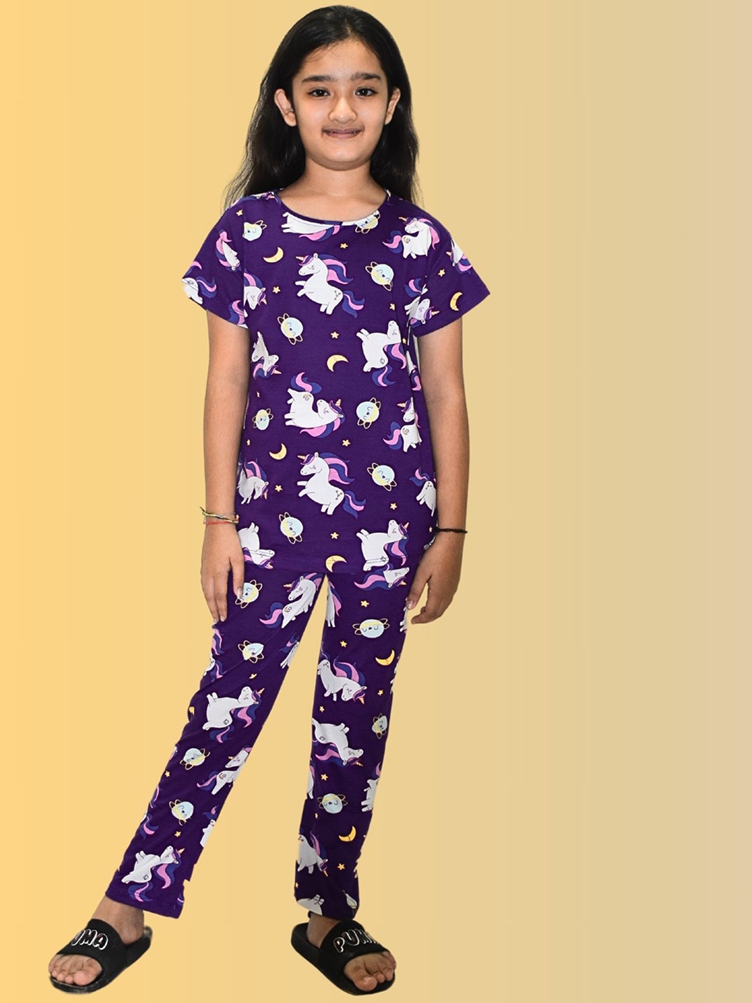 

Ninos Dreams Girls Printed Pure Cotton Night suit, Purple