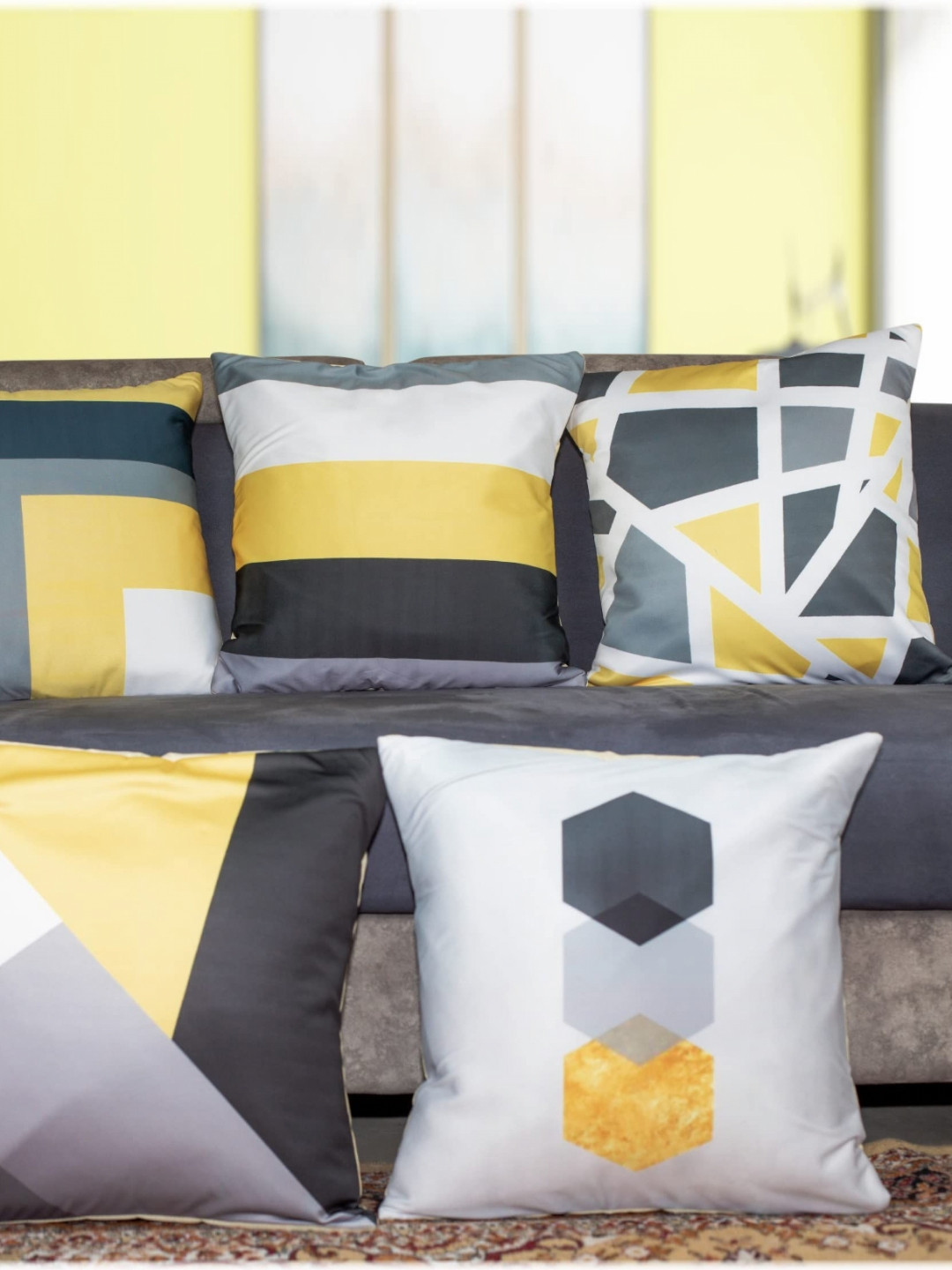 

Vendola Grey & White 5 Pieces Geometric Satin Square Cushion Covers